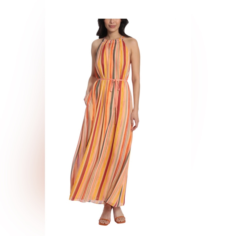 Maggy London metallic stripe halter dress